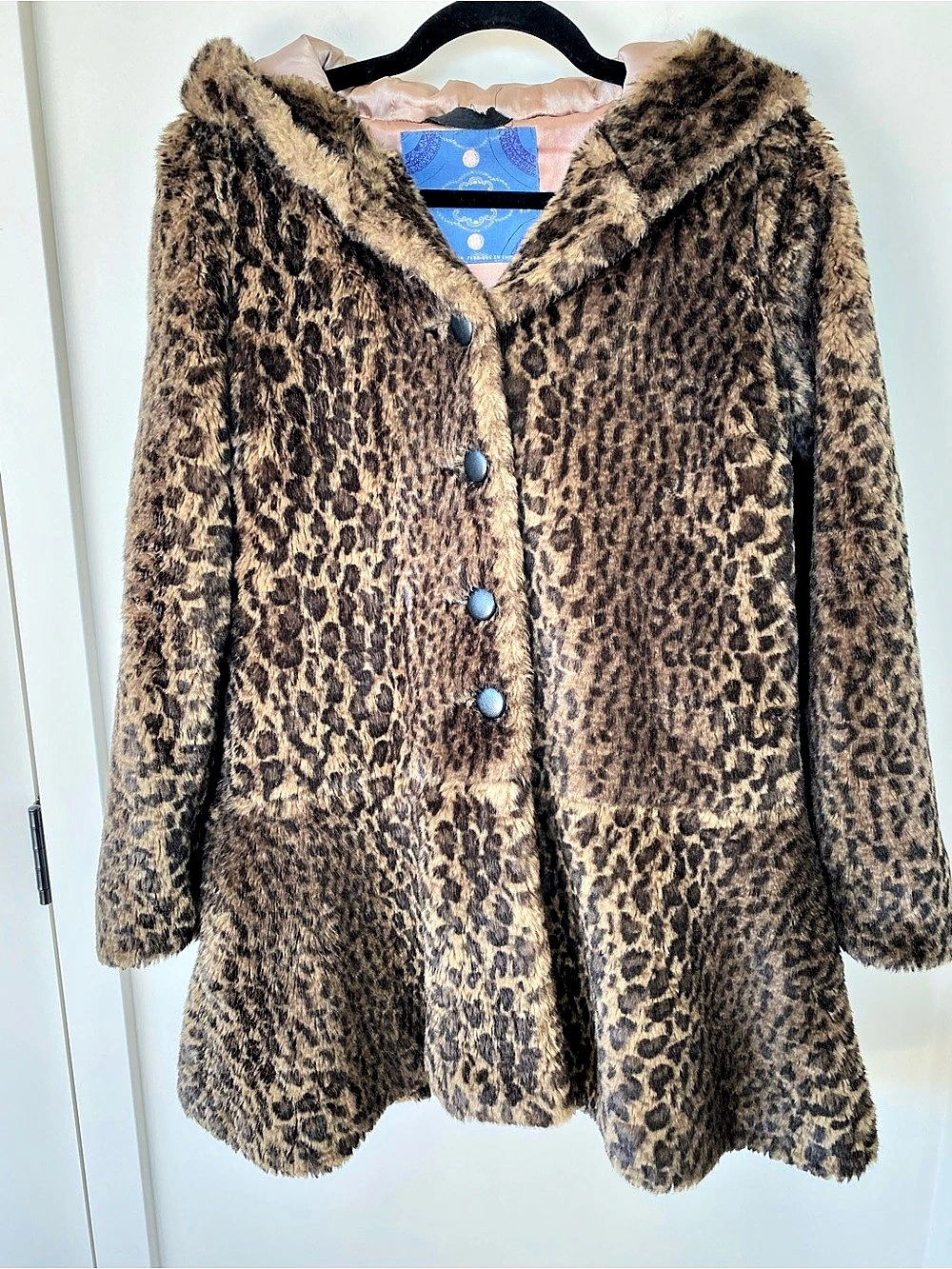 Free People Women’s Leopard Print Faux Fur Hooded Button Front Coat Size S